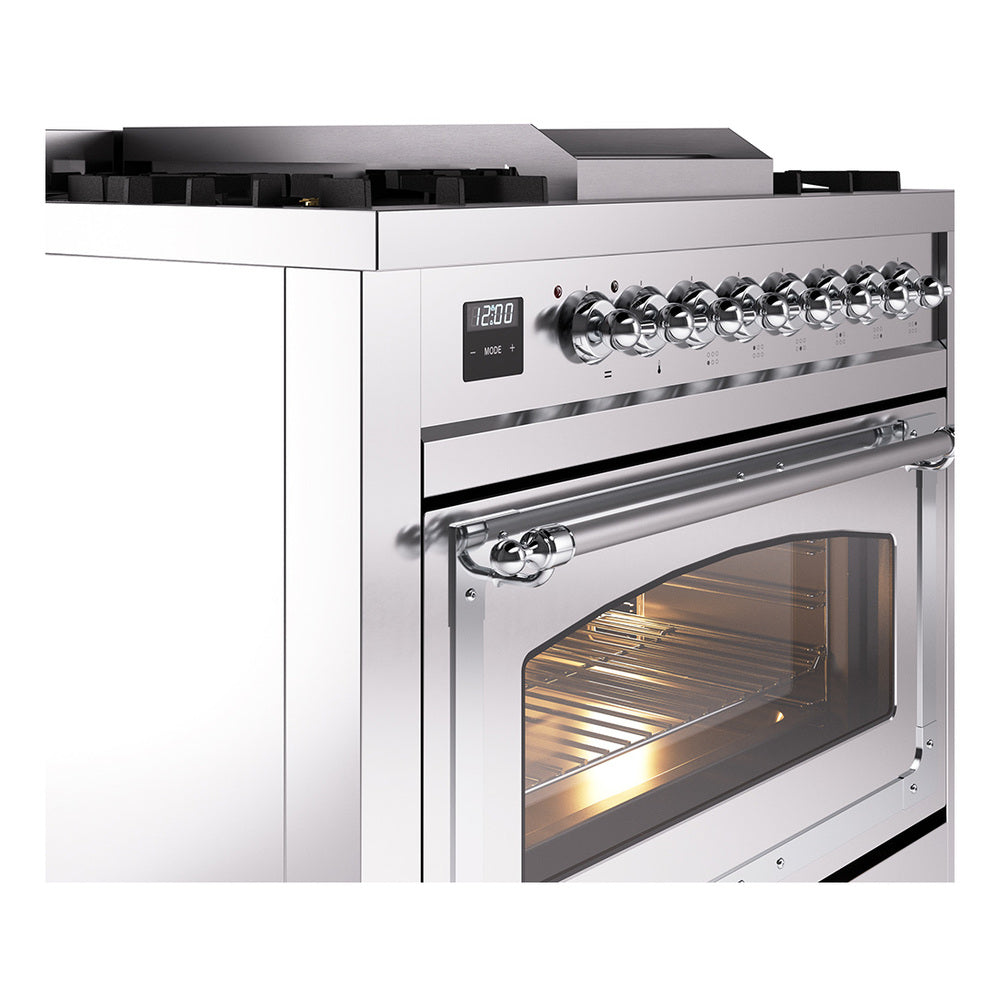 ILVE Nostalgie II Noblesse 36-Inch Natural Gas Dual Fuel Range and Triple Glass Door in Stainless Steel with Chrome Trim (UN36FNMPSSC)