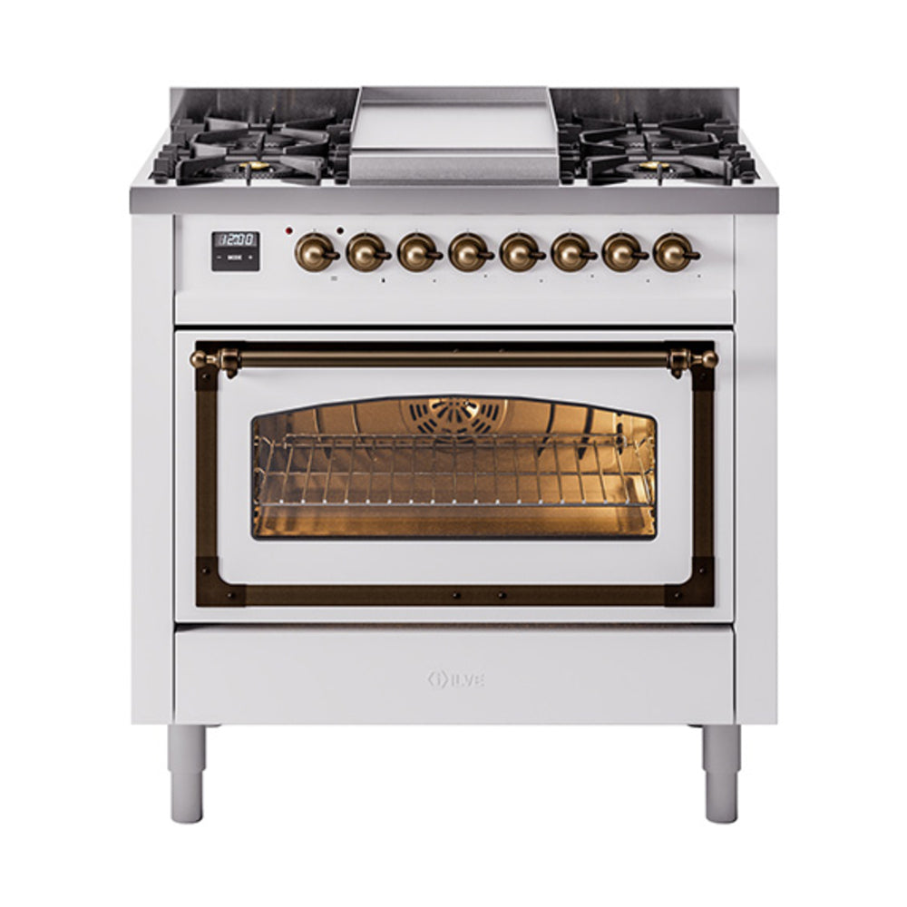 ILVE Nostalgie II Noblesse 36-Inch Natural Gas Dual Fuel Range and Triple Glass Door in White with Bronze Trim (UN36FNMPWHB)