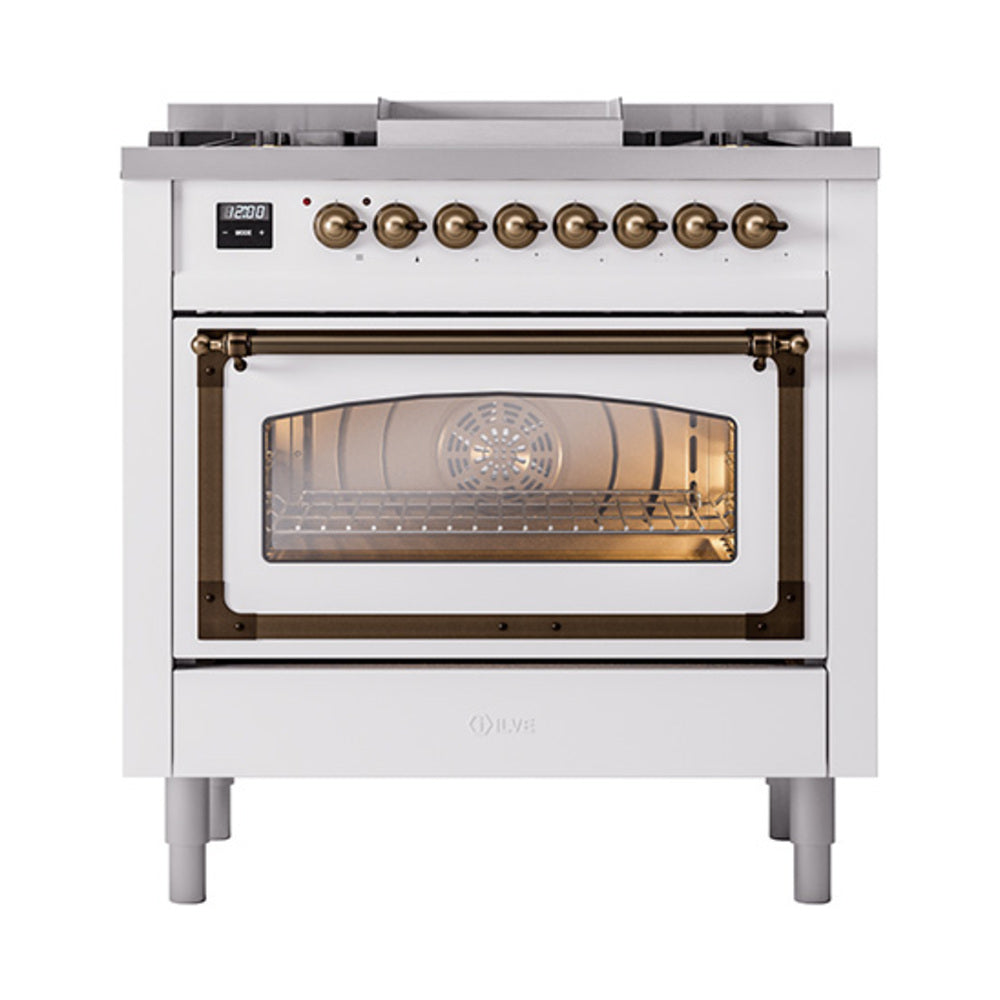ILVE Nostalgie II Noblesse 36-Inch Natural Gas Dual Fuel Range and Triple Glass Door in White with Bronze Trim (UN36FNMPWHB)
