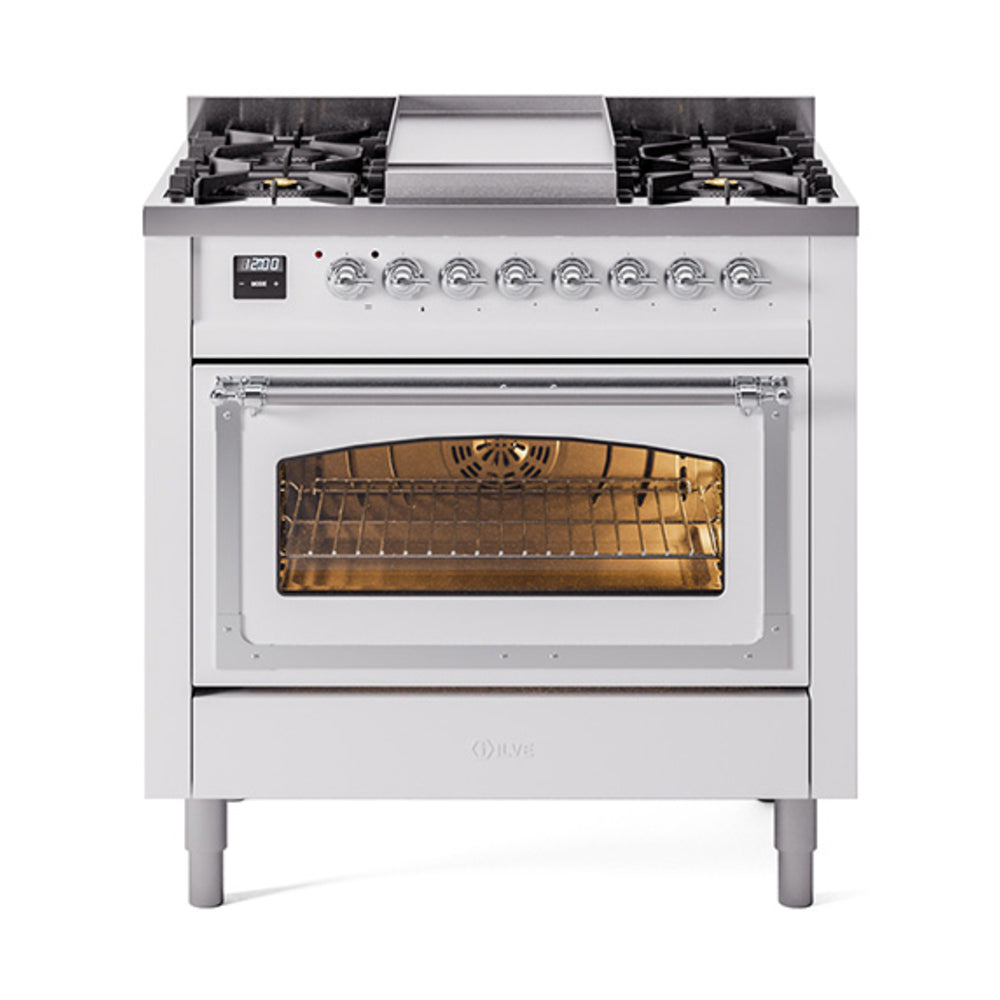 ILVE Nostalgie II Noblesse 36-Inch Natural Gas Dual Fuel Range and Triple Glass Door in White with Chrome Trim (UN36FNMPWHC)