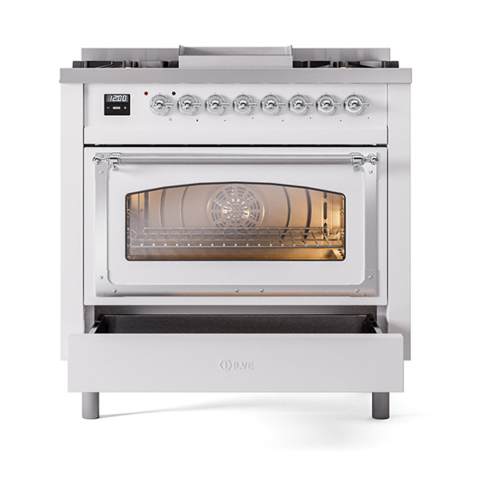 ILVE Nostalgie II Noblesse 36-Inch Natural Gas Dual Fuel Range and Triple Glass Door in White with Chrome Trim (UN36FNMPWHC)