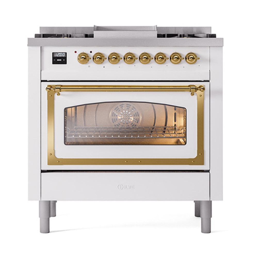 ILVE Nostalgie II Noblesse 36-Inch Natural Gas Dual Fuel Range and Triple Glass Door in White with Brass Trim (UN36FNMPWHG)