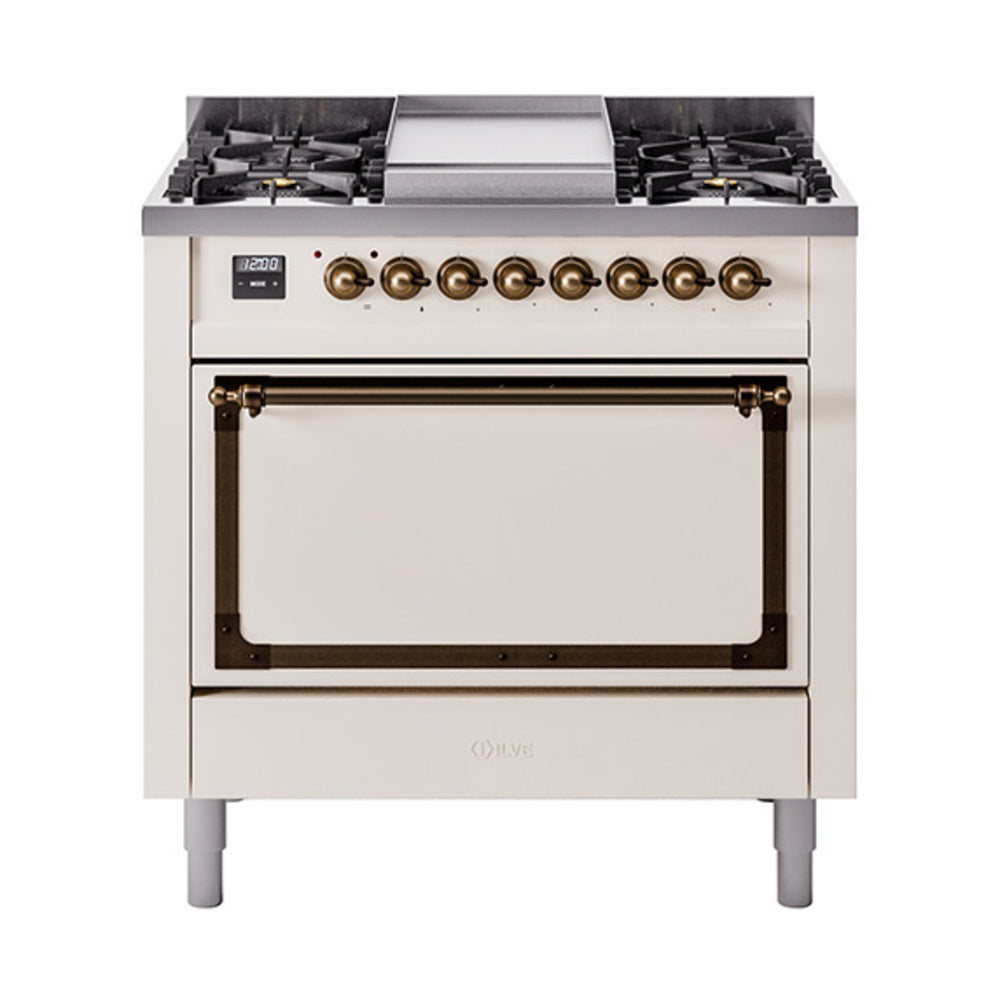 ILVE Nostalgie II Noblesse 36-Inch Natural Gas Dual Fuel Range and Solid Door Oven in Antique White with Bronze Trim (UN36FQNMPAWB)