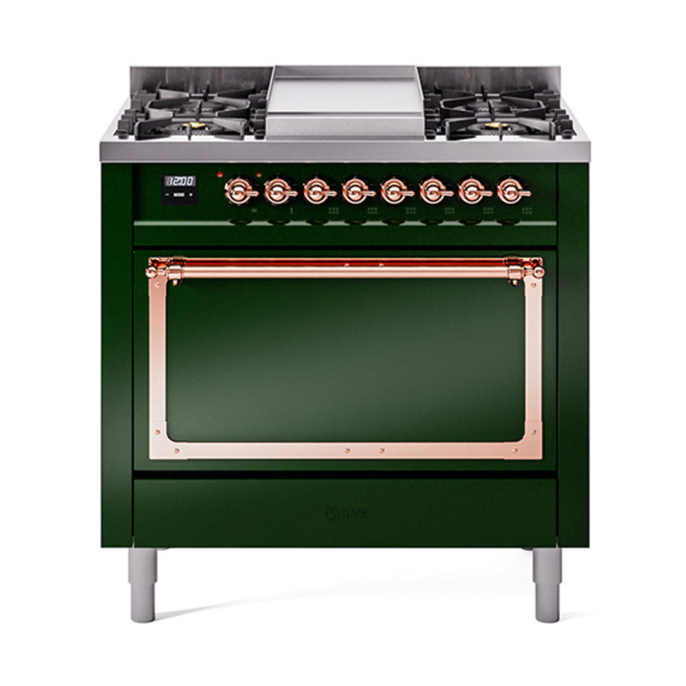 ILVE Nostalgie II Noblesse 36-Inch Propane Gas Dual Fuel Range and Solid Door Oven in Emerald Green with Copper Trim (UN36FQNMPEGPLP)