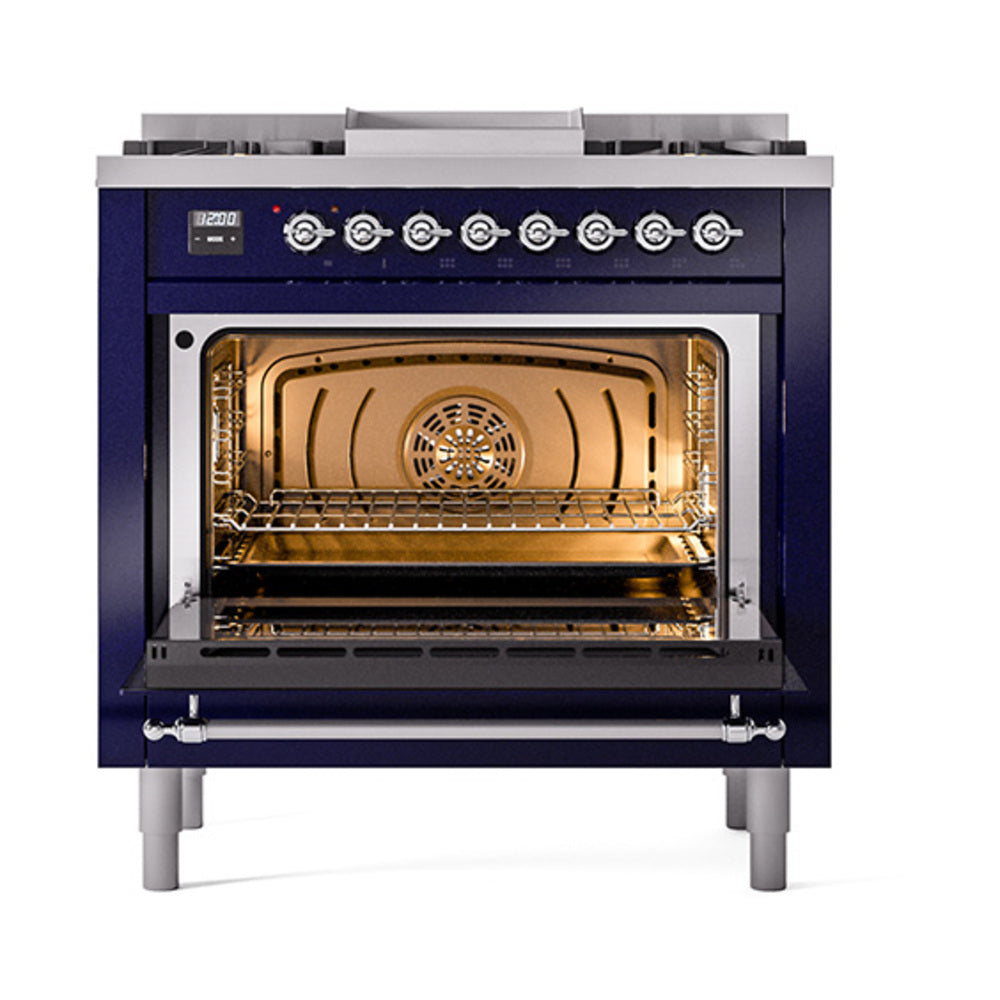 ILVE Nostalgie II Noblesse 36-Inch Propane Gas Dual Fuel Range and Solid Door Oven in Midnight Blue with Chrome Trim (UN36FQNMPMBCLP)