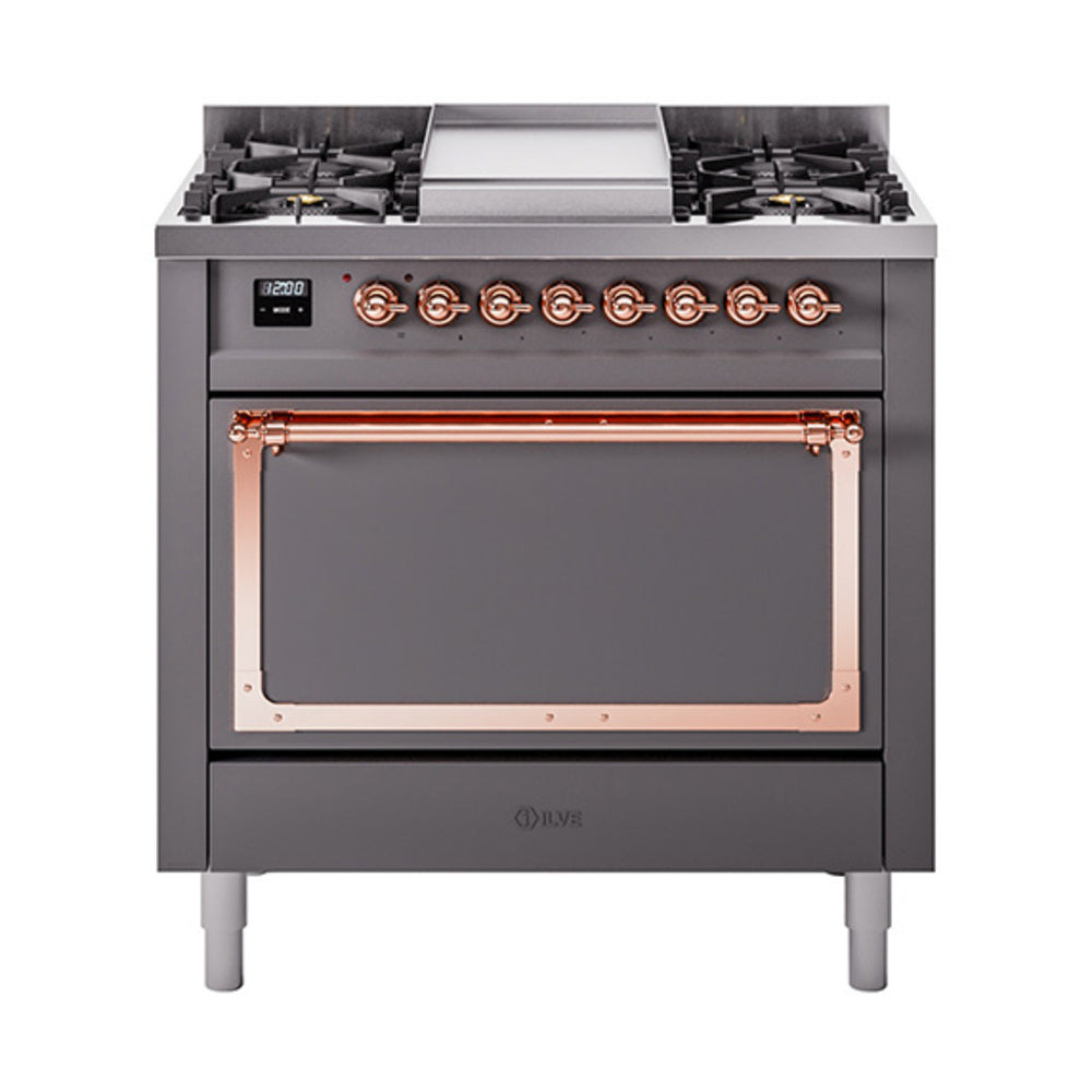 ILVE Nostalgie II Noblesse 36-Inch Propane Gas Dual Fuel Range and Solid Door Oven in Matte Graphite with Copper Trim (UN36FQNMPMGPLP)