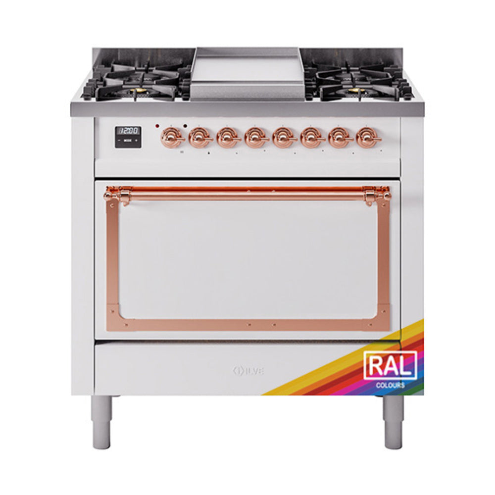 ILVE Nostalgie II Noblesse 36-Inch Natural Gas Dual Fuel Range and Solid Door Oven in Custom RAL with Copper Trim (UN36FQNMPRAP)