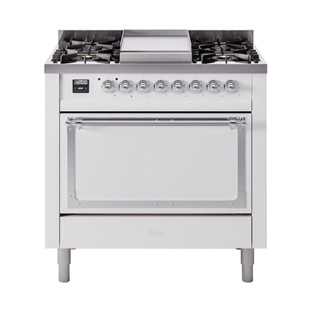 ILVE Nostalgie II Noblesse 36-Inch Natural Gas Dual Fuel Range and Solid Door Oven in White with Chrome Trim (UN36FQNMPWHC)