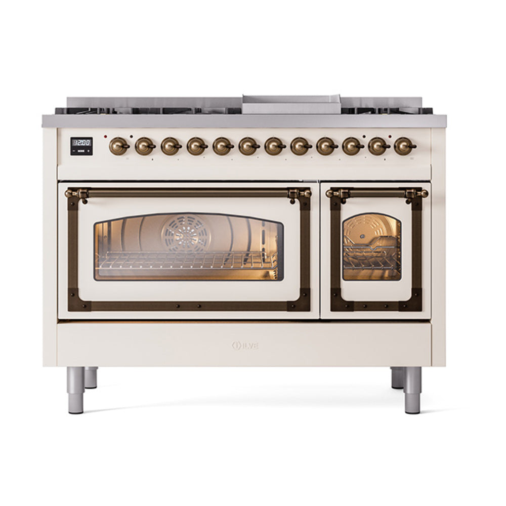 ILVE Nostalgie II Noblesse 48-Inch Freestanding Natural Gas Dual Fuel Range in Antique White with Bronze Trim (UN48FNMPAWB)