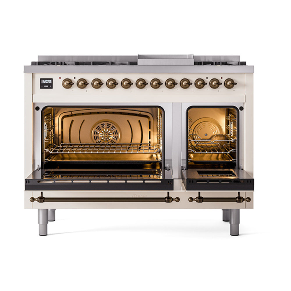 ILVE Nostalgie II Noblesse 48-Inch Freestanding Natural Gas Dual Fuel Range in Antique White with Bronze Trim (UN48FNMPAWB)