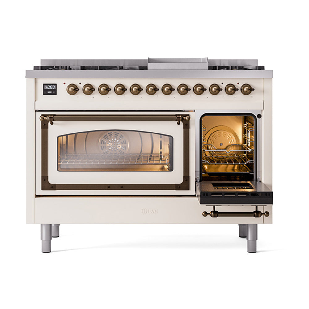 ILVE Nostalgie II Noblesse 48-Inch Freestanding Natural Gas Dual Fuel Range in Antique White with Bronze Trim (UN48FNMPAWB)