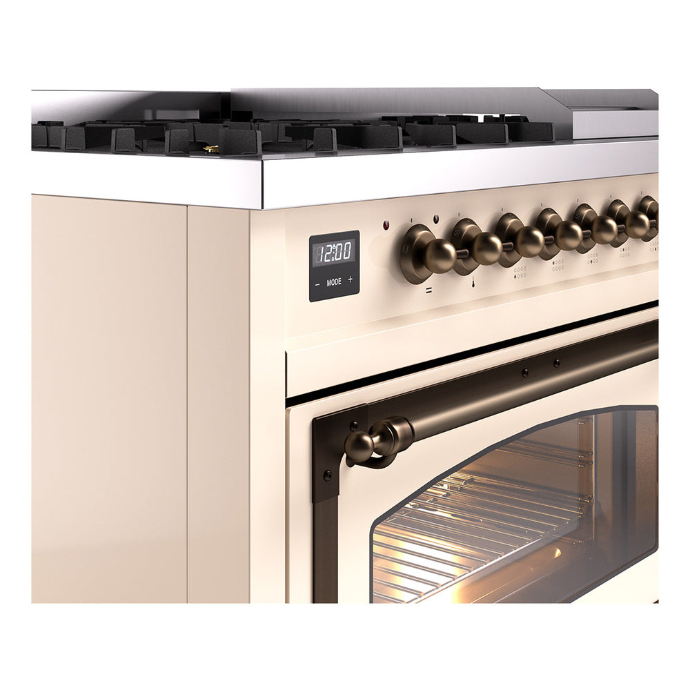ILVE Nostalgie II Noblesse 48-Inch Freestanding Natural Gas Dual Fuel Range in Antique White with Bronze Trim (UN48FNMPAWB)