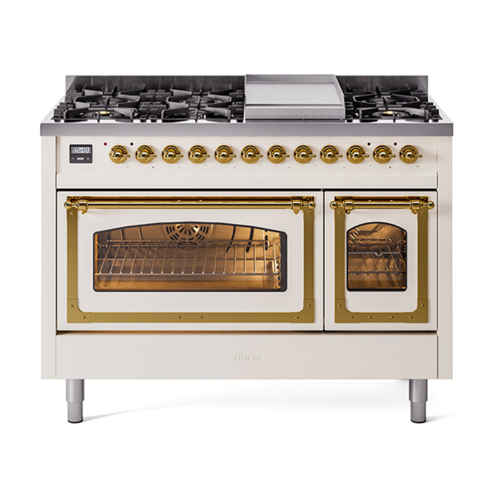 ILVE Nostalgie II Noblesse 48-Inch Dual Fuel Freestanding Range in Antique White with Brass Trim (UN48FNMPAWGLP)