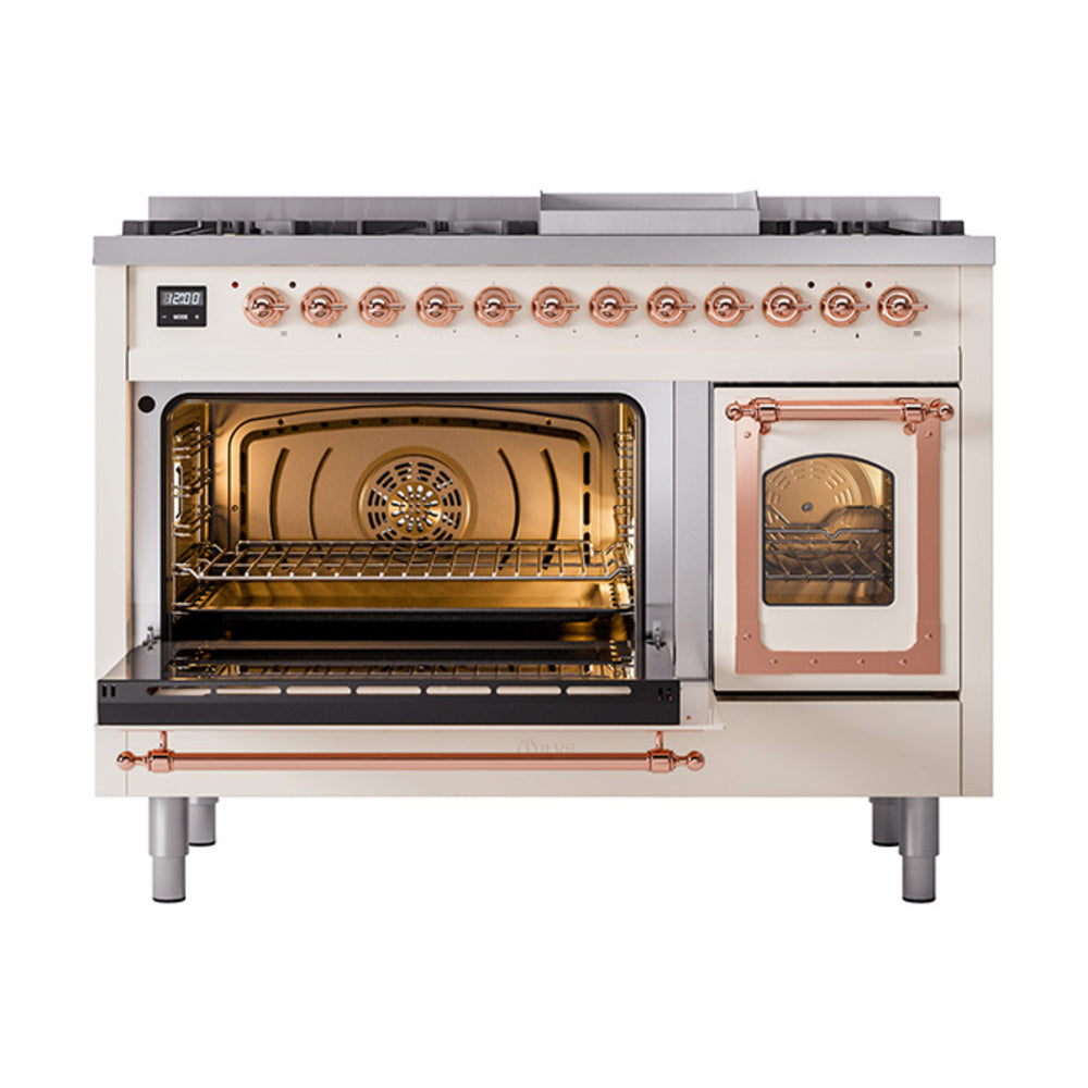 ILVE Nostalgie II Noblesse 48-Inch Freestanding Natural Gas Dual Fuel Range in Antique White with Copper Trim (UN48FNMPAWP)