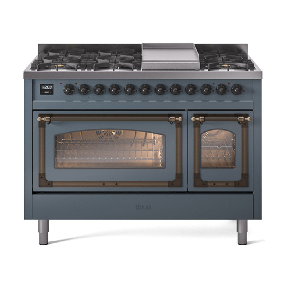 ILVE Nostalgie II Noblesse 48-Inch Freestanding Natural Gas Dual Fuel Range in Blue Grey with Bronze Trim (UN48FNMPBGB)
