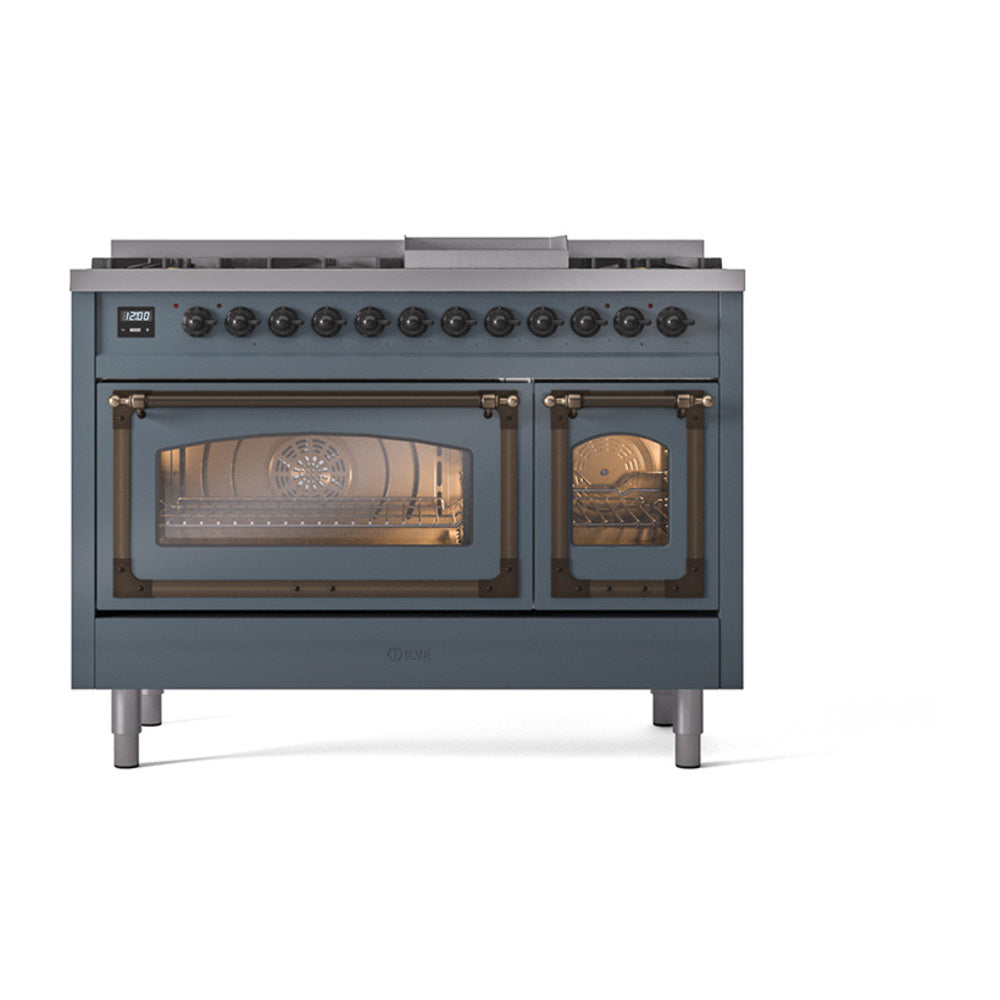 ILVE Nostalgie II Noblesse 48-Inch Freestanding Natural Gas Dual Fuel Range in Blue Grey with Bronze Trim (UN48FNMPBGB)