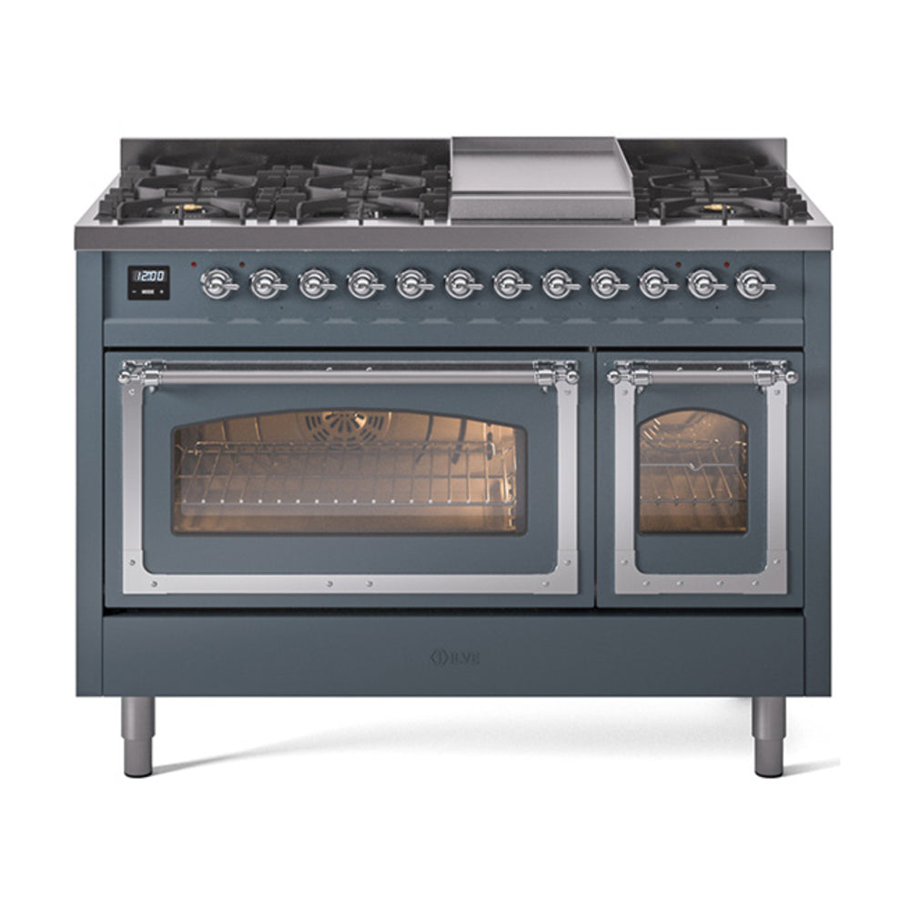 ILVE Nostalgie II Noblesse 48-Inch Dual Fuel Freestanding Range in Blue Grey with Chrome Trim (UN48FNMPBGCLP)