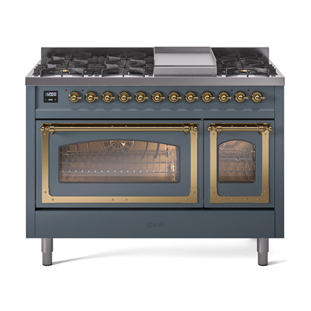 ILVE Nostalgie II Noblesse 48-Inch Freestanding Natural Gas Dual Fuel Range in Blue Grey with Brass Trim (UN48FNMPBGG)