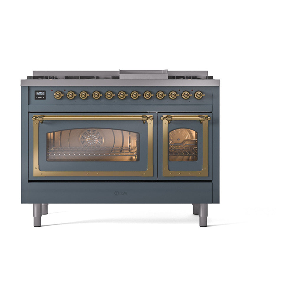 ILVE Nostalgie II Noblesse 48-Inch Freestanding Natural Gas Dual Fuel Range in Blue Grey with Brass Trim (UN48FNMPBGG)