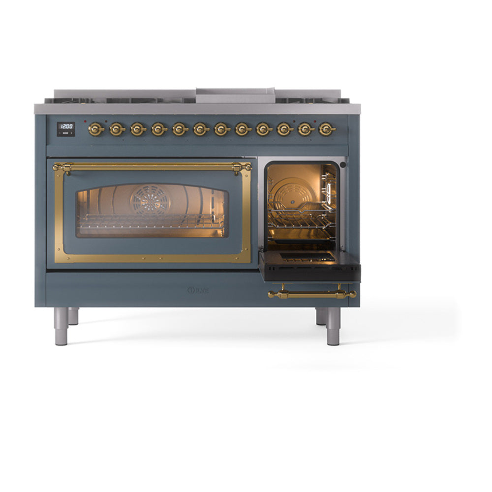 ILVE Nostalgie II Noblesse 48-Inch Freestanding Natural Gas Dual Fuel Range in Blue Grey with Brass Trim (UN48FNMPBGG)