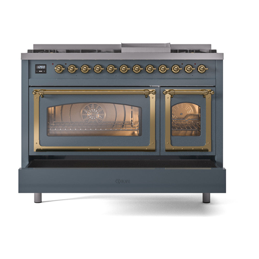 ILVE Nostalgie II Noblesse 48-Inch Freestanding Natural Gas Dual Fuel Range in Blue Grey with Brass Trim (UN48FNMPBGG)