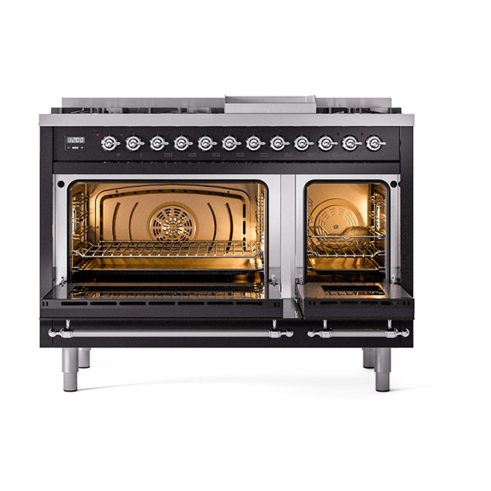 ILVE Nostalgie II Noblesse 48-Inch Freestanding Natural Gas Dual Fuel Range in Glossy Black with Chrome Trim (UN48FNMPBKC)