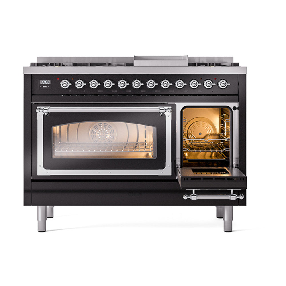 ILVE Nostalgie II Noblesse 48-Inch Freestanding Natural Gas Dual Fuel Range in Glossy Black with Chrome Trim (UN48FNMPBKC)