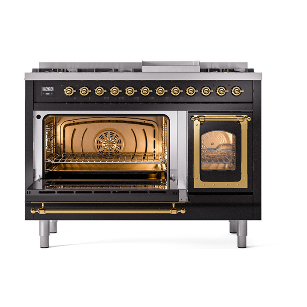 ILVE Nostalgie II Noblesse 48-Inch Dual Fuel Freestanding Range in Glossy Black with Brass Trim (UN48FNMPBKGLP)