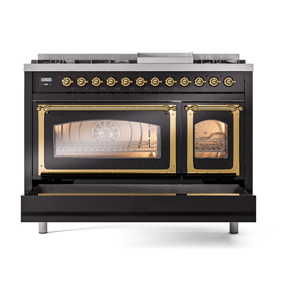 ILVE Nostalgie II Noblesse 48-Inch Dual Fuel Freestanding Range in Glossy Black with Brass Trim (UN48FNMPBKGLP)