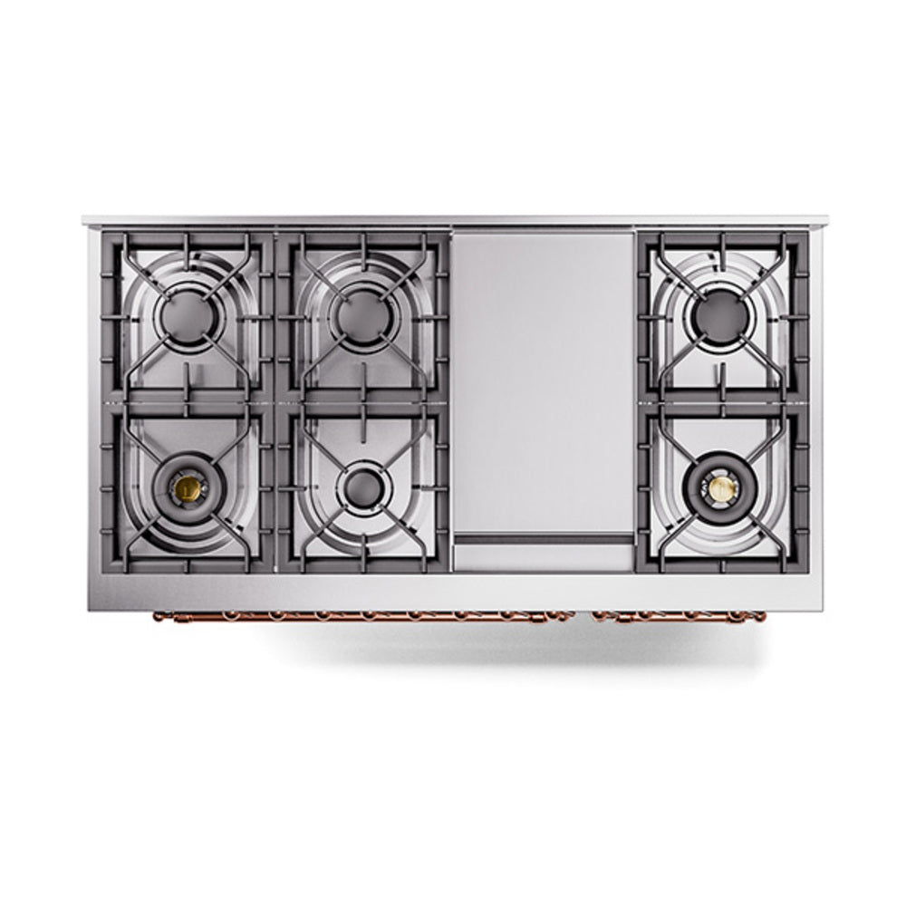 ILVE Nostalgie II Noblesse 48-Inch Freestanding Natural Gas Dual Fuel Range in Glossy Black with Copper Trim (UN48FNMPBKP)