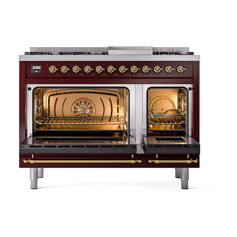 ILVE Nostalgie II Noblesse 48-Inch Freestanding Natural Gas Dual Fuel Range in Burgundy with Brass Trim (UN48FNMPBUG)