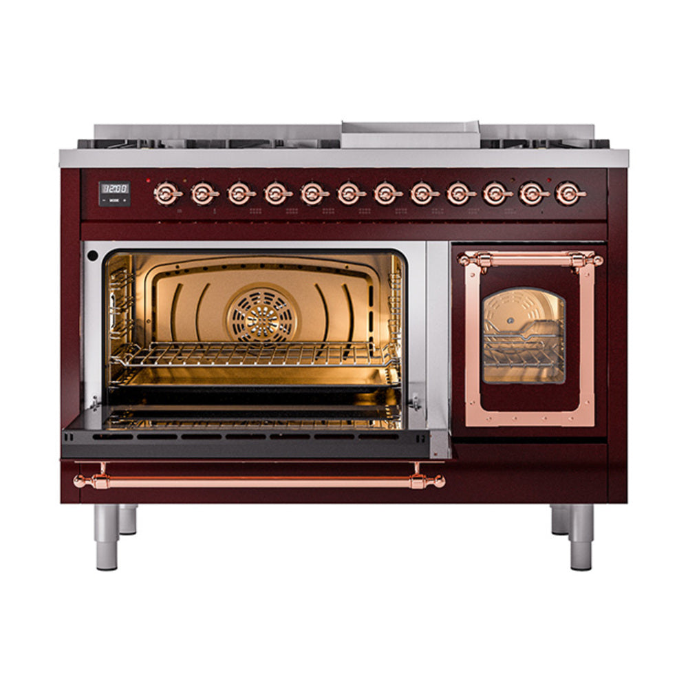 ILVE Nostalgie II Noblesse 48-Inch Dual Fuel Freestanding Range in Burgudy with Copper Trim (UN48FNMPBUPLP)