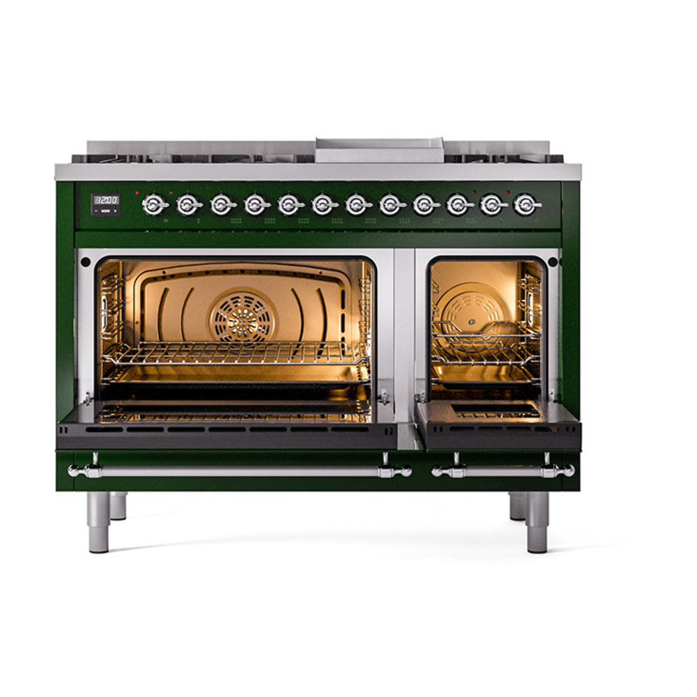 ILVE Nostalgie II Noblesse 48-Inch Freestanding Natural Gas Dual Fuel Range in Emerald Green with Chrome Trim (UN48FNMPEGC)