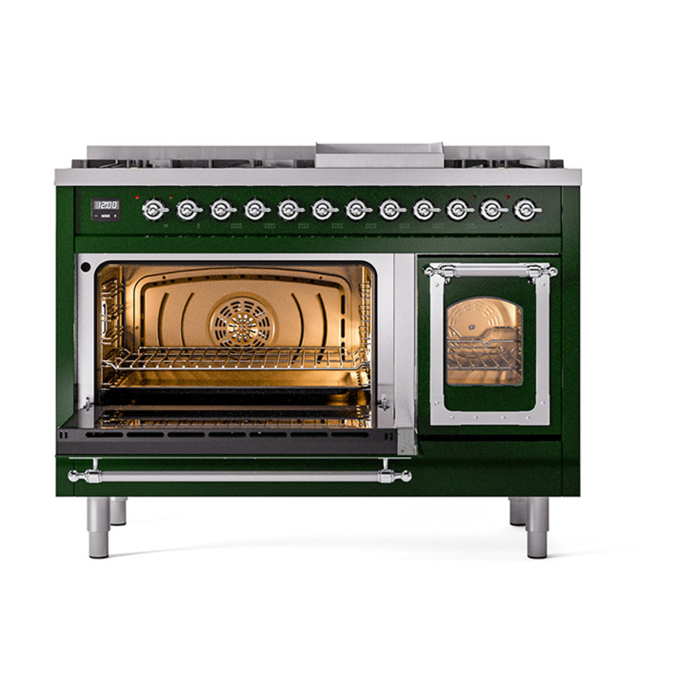 ILVE Nostalgie II Noblesse 48-Inch Freestanding Natural Gas Dual Fuel Range in Emerald Green with Chrome Trim (UN48FNMPEGC)