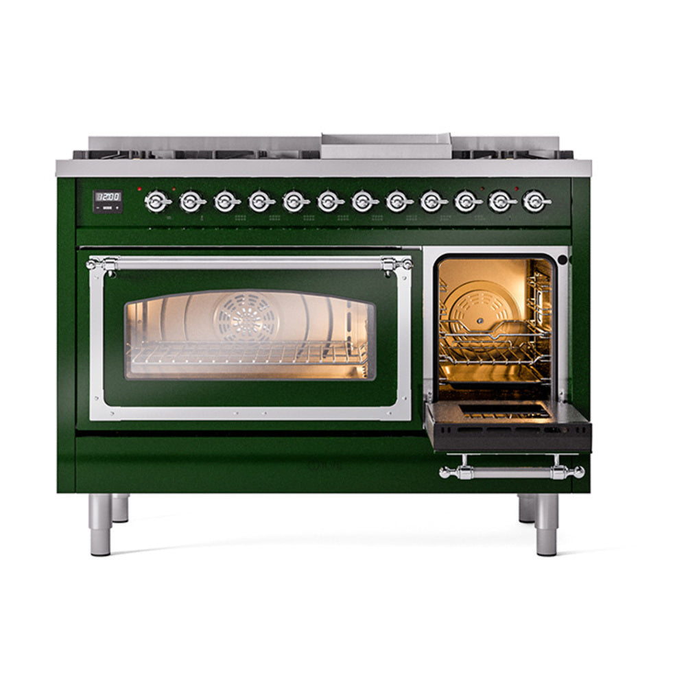 ILVE Nostalgie II Noblesse 48-Inch Freestanding Natural Gas Dual Fuel Range in Emerald Green with Chrome Trim (UN48FNMPEGC)