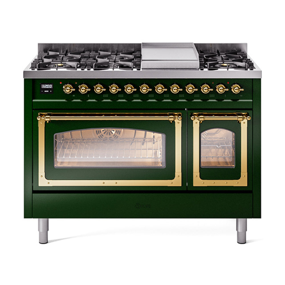 ILVE Nostalgie II Noblesse 48-Inch Dual Fuel Freestanding Range in Emerald Green with Brass Trim (UN48FNMPEGGLP)