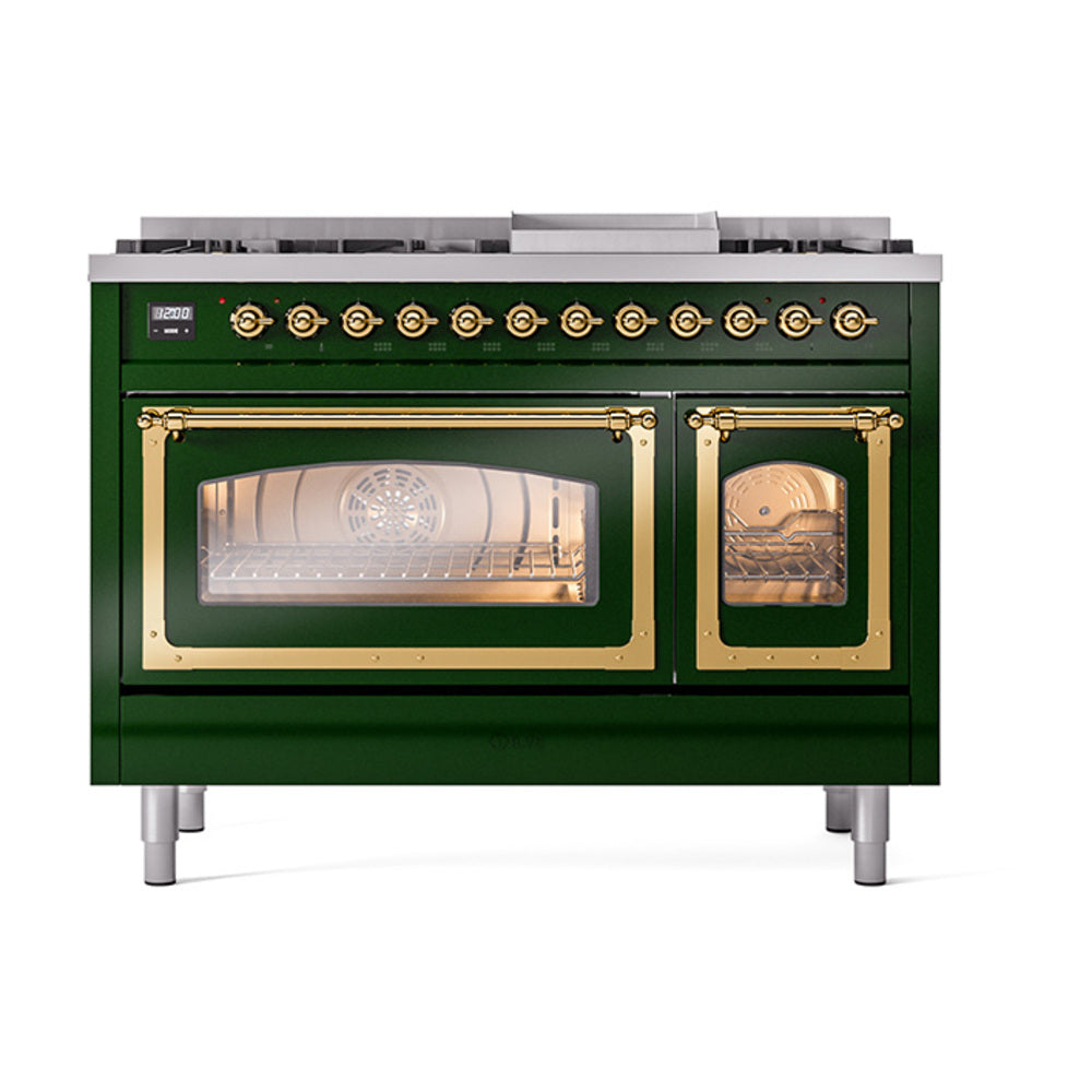 ILVE Nostalgie II Noblesse 48-Inch Dual Fuel Freestanding Range in Emerald Green with Brass Trim (UN48FNMPEGGLP)
