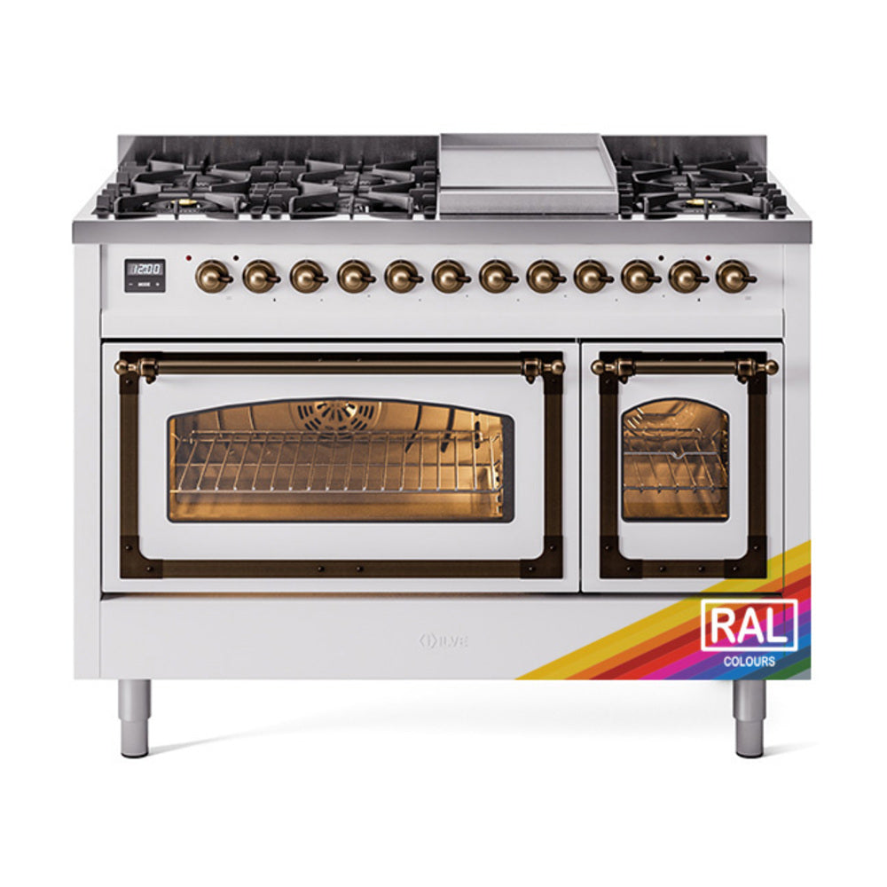 ILVE Nostalgie II Noblesse 48-Inch Freestanding Natural Gas Dual Fuel Range in Custom RAL with Bronze Trim (UN48FNMPRAB)