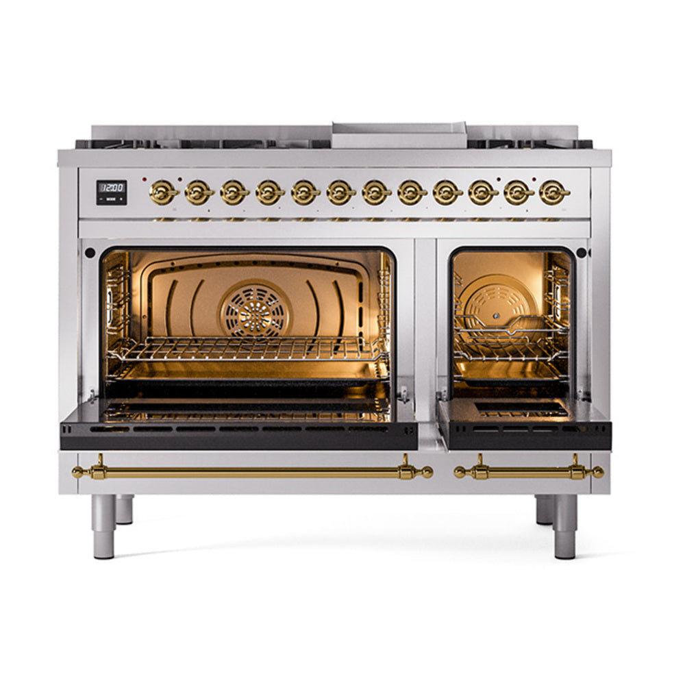 ILVE Nostalgie II Noblesse 48-Inch Dual Fuel Freestanding Range in Stainless Steel with Brass Trim (UN48FNMPSSGLP)