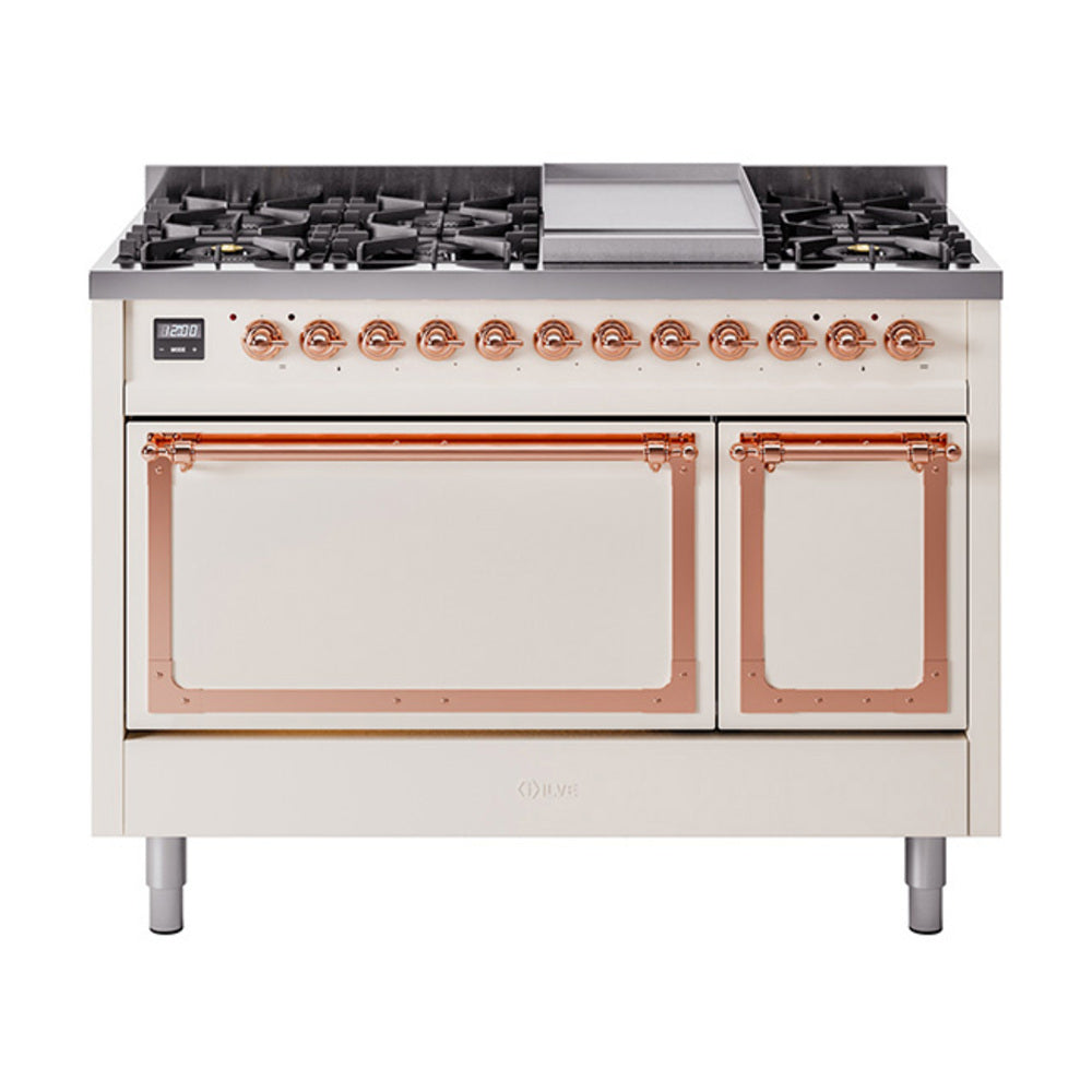 ILVE Nostalgie II Noblesse 48-Inch Freestanding Natural Gas Dual Fuel Range with Solid Door Oven in Antique White with Copper Trim (UN48FQNMPAWP)
