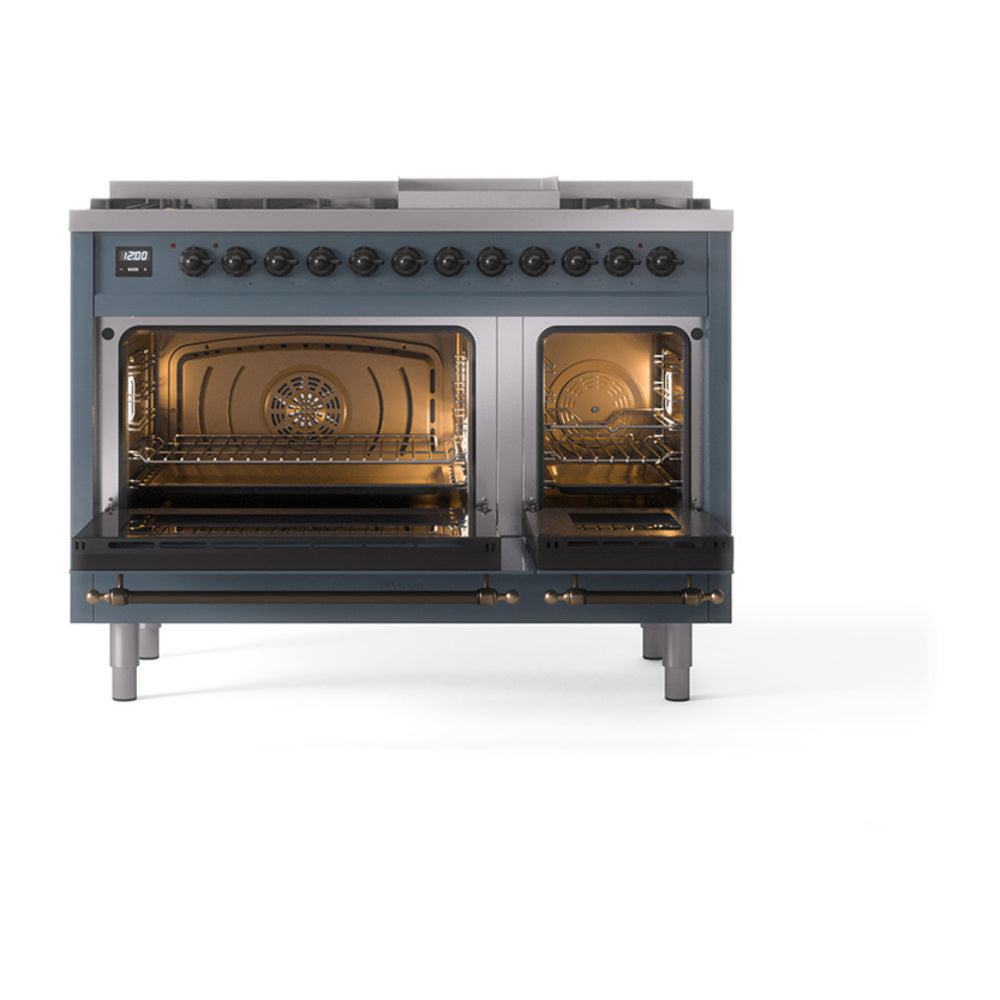 ILVE Nostalgie II Noblesse 48-Inch Dual Fuel Freestanding Range with Solid Door Oven in Blue Grey with Bronze Trim (UN48FQNMPBGBLP)