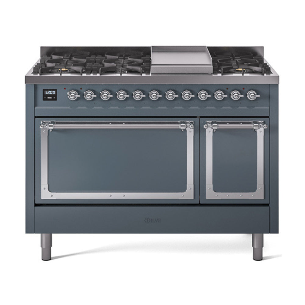 ILVE Nostalgie II Noblesse 48-Inch Freestanding Natural Gas Dual Fuel Range with Solid Door Oven in Blue Grey with Chrome Trim (UN48FQNMPBGC)