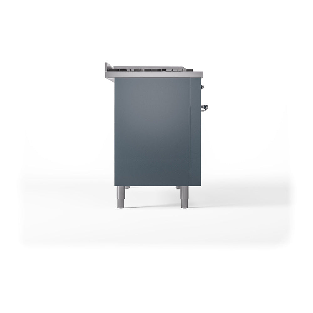 ILVE Nostalgie II Noblesse 48-Inch Freestanding Natural Gas Dual Fuel Range with Solid Door Oven in Blue Grey with Chrome Trim (UN48FQNMPBGC)