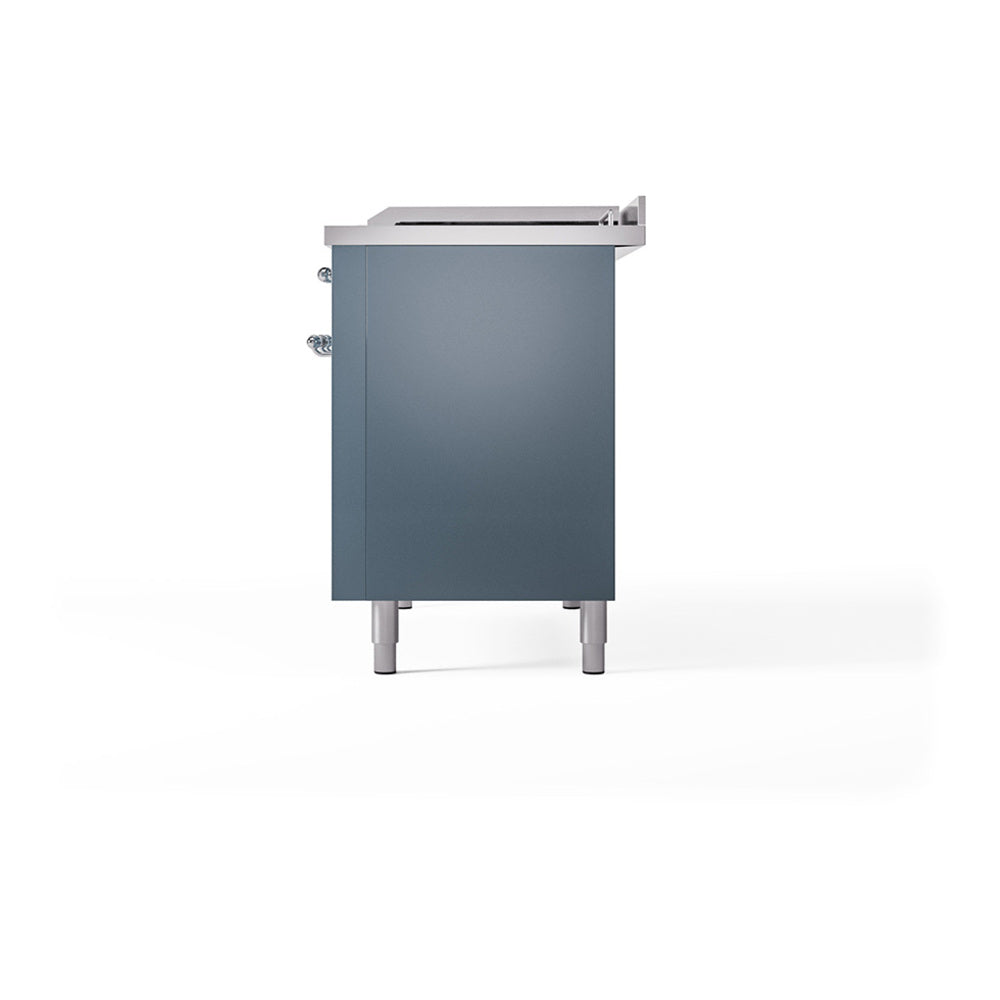 ILVE Nostalgie II Noblesse 48-Inch Freestanding Natural Gas Dual Fuel Range with Solid Door Oven in Blue Grey with Chrome Trim (UN48FQNMPBGC)