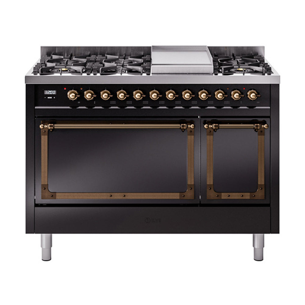 ILVE Nostalgie II Noblesse 48-Inch Freestanding Natural Gas Dual Fuel Range with Solid Door Oven in Glossy Black with Bronze Trim (UN48FQNMPBKB)
