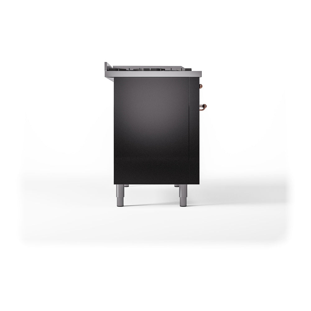 ILVE Nostalgie II Noblesse 48-Inch Freestanding Natural Gas Dual Fuel Range with Solid Door Oven in Glossy Black with Copper Trim (UN48FQNMPBKP)