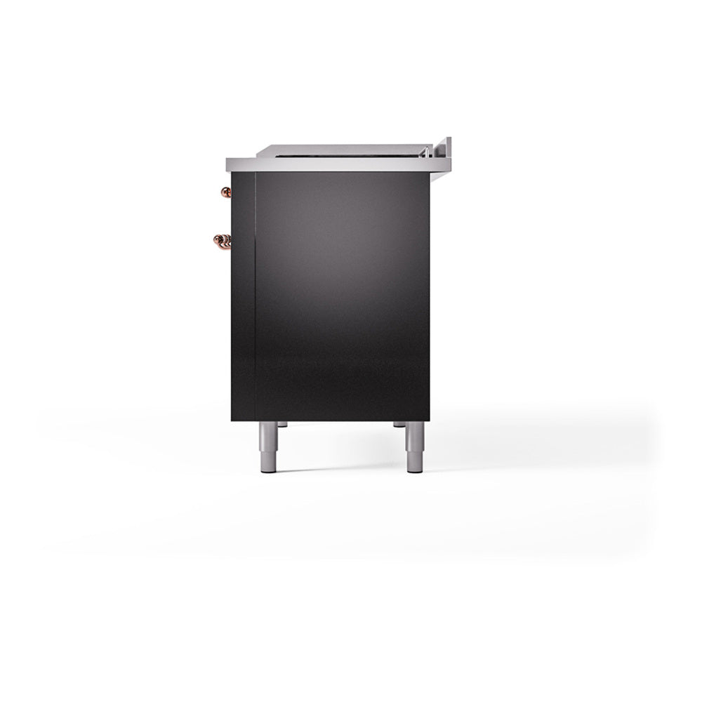 ILVE Nostalgie II Noblesse 48-Inch Freestanding Natural Gas Dual Fuel Range with Solid Door Oven in Glossy Black with Copper Trim (UN48FQNMPBKP)