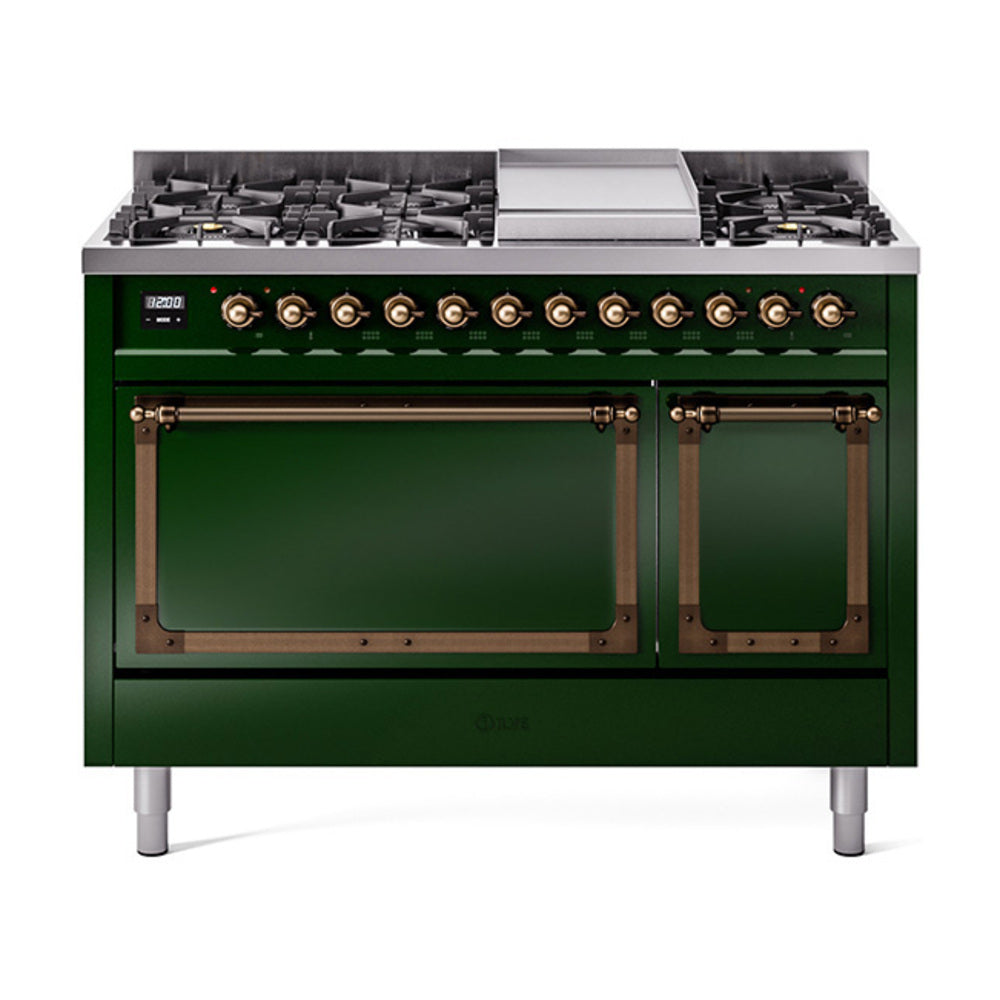 ILVE Nostalgie II Noblesse 48-Inch Dual Fuel Freestanding Range with Solid Door Oven in Emerald Green with Bronze Trim (UN48FQNMPEGBLP)