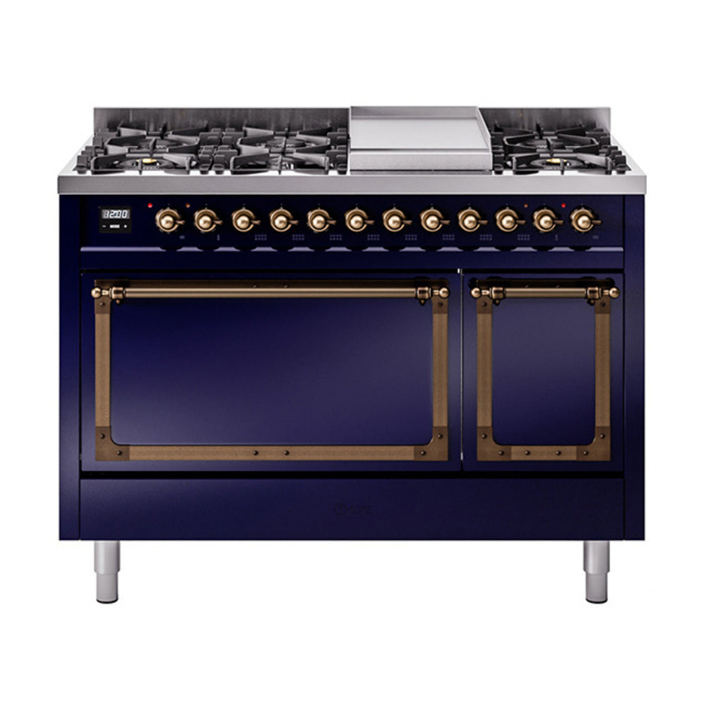 ILVE Nostalgie II Noblesse 48-Inch Dual Fuel Freestanding Range with Solid Door Oven in Midnight Blue with Bronze Trim (UN48FQNMPMBBLP)