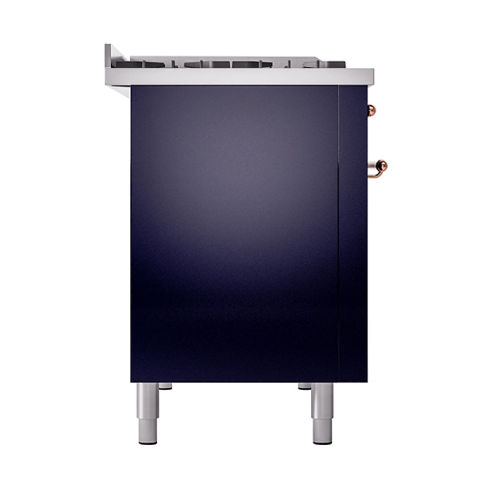 ILVE Nostalgie II Noblesse 48-Inch Dual Fuel Freestanding Range with Solid Door Oven in Midnight Blue with Copper Trim (UN48FQNMPMBPLP)